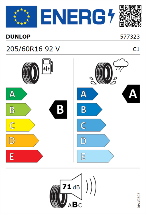 Tyre Label for Dunlop Sport BluResponse 205/60R16 92V