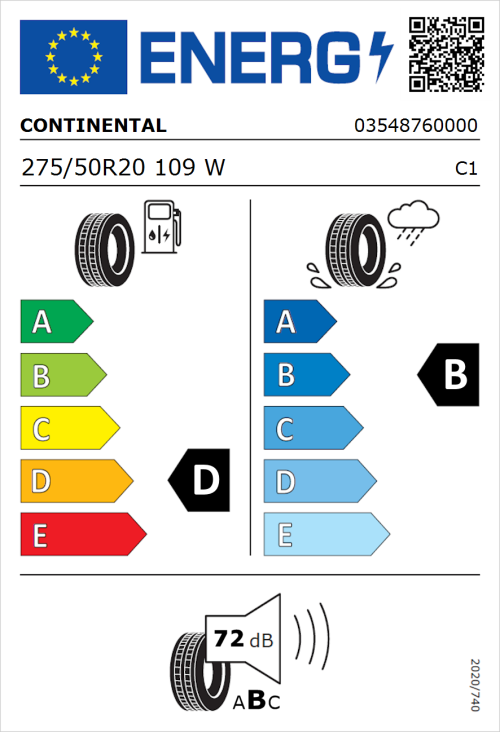 Tyre Label for Continental ContiCrossContact UHP 275/50R20 109W