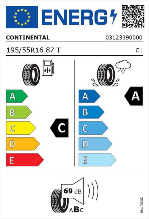 Tyre Label for Continental UltraContact 195/55R16 87T