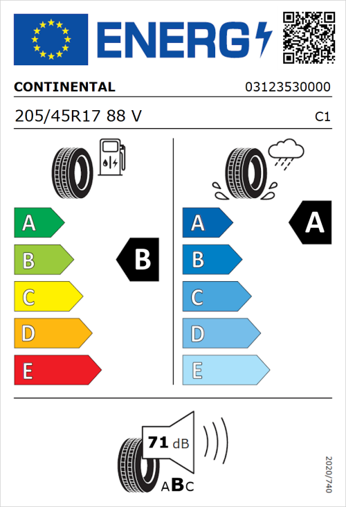 Tyre Label for Continental UltraContact 205/45R17 88V
