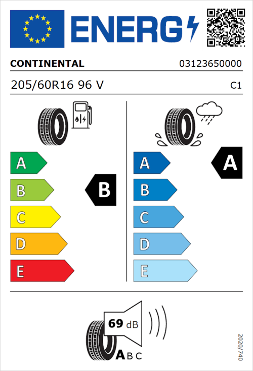 Tyre Label for Continental UltraContact 205/60R16 96V