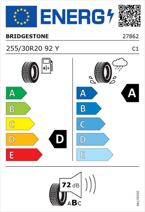 Tyre Label for Bridgestone Potenza Sport 255/30R20 92Y