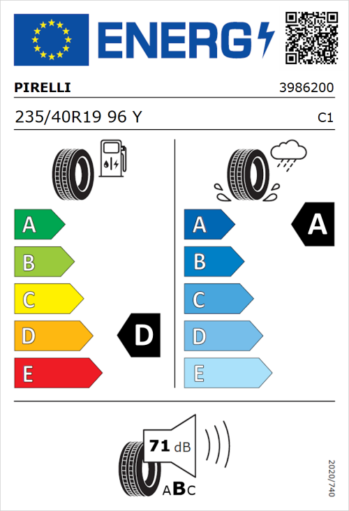 Tyre Label for Pirelli P Zero (PZ4) Sport Car 235/40R19 96Y