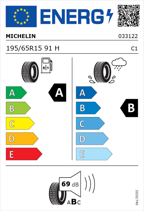 Tyre Label for Michelin e.primacy 195/65R15 91H