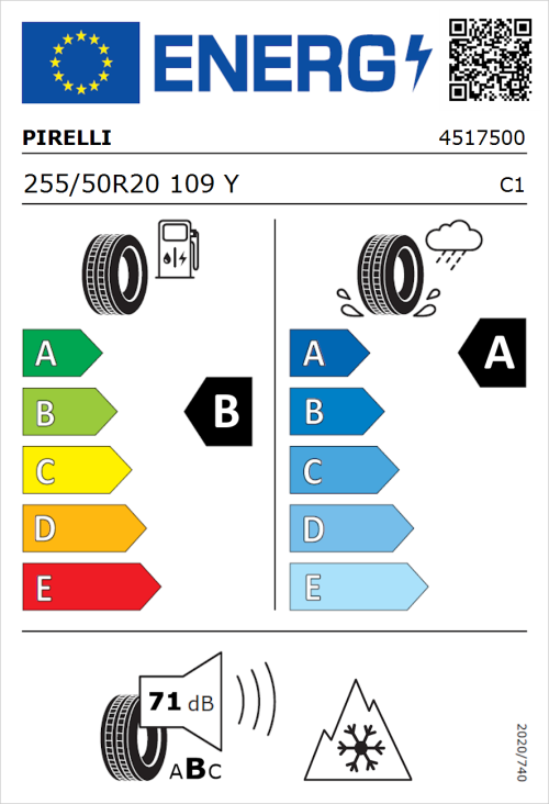 Tyre Label for Pirelli Scorpion All Season SF3 255/50R20 109Y