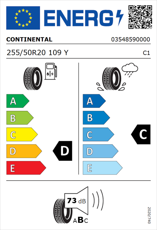 Tyre Label for Continental ContiCrossContact UHP 255/50R20 109Y