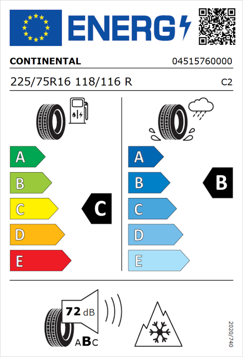 Tyre Label for Continental ContiVanContact 100 225/75R16 118/116R